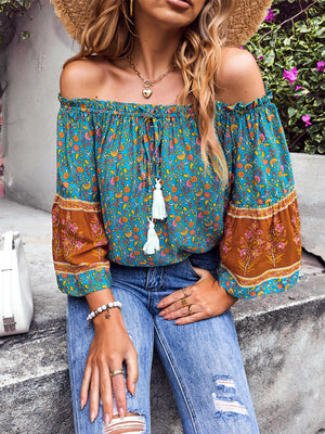 Womens Bohemian Print Loose Off Shoulder Shirt SIZE S-XL