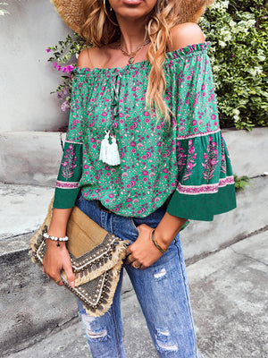 Womens Bohemian Print Loose Off Shoulder Shirt SIZE S-XL