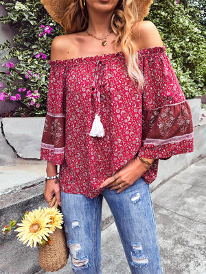 Womens Bohemian Print Loose Off Shoulder Shirt SIZE S-XL