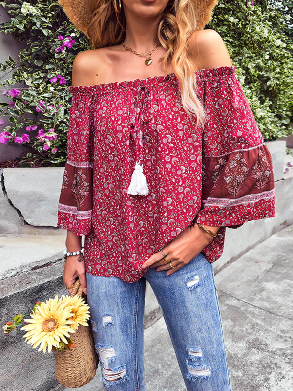 Womens Bohemian Print Loose Off Shoulder Shirt SIZE S-XL
