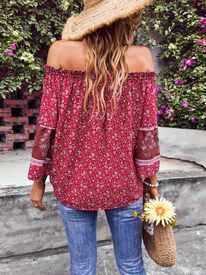 Womens Bohemian Print Loose Off Shoulder Shirt SIZE S-XL