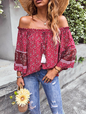 Womens Bohemian Print Loose Off Shoulder Shirt SIZE S-XL