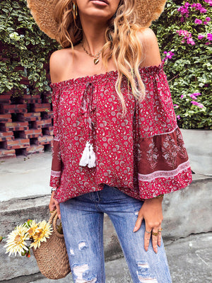 Womens Bohemian Print Loose Off Shoulder Shirt SIZE S-XL