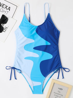 Womens Colorblock Drawstring One Piece Swimsuit SIZE S-XL