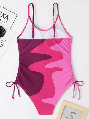 Womens Colorblock Drawstring One Piece Swimsuit SIZE S-XL