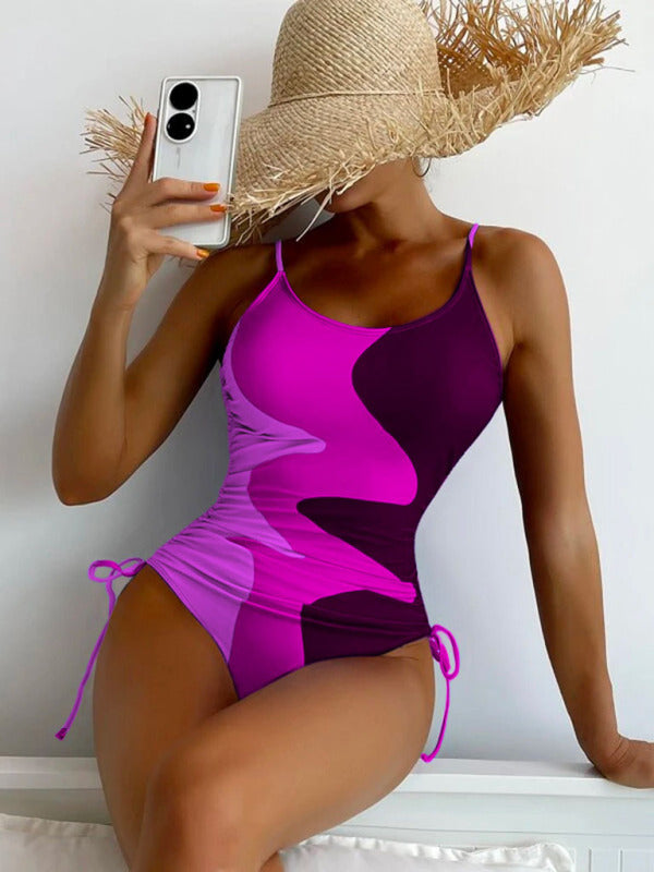 Womens Colorblock Drawstring One Piece Swimsuit SIZE S-XL