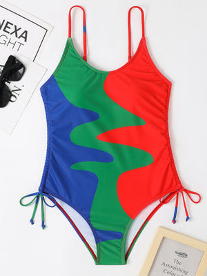 Womens Colorblock Drawstring One Piece Swimsuit SIZE S-XL
