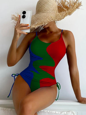 Womens Colorblock Drawstring One Piece Swimsuit SIZE S-XL