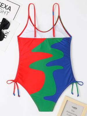 Womens Colorblock Drawstring One Piece Swimsuit SIZE S-XL