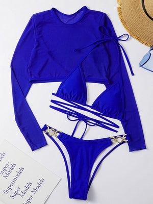 Womens Solid Color High Cut Waist Long Sleeve Cutout 3 Piece Bikini Set SIZE S-L