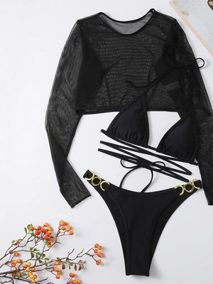 Womens Solid Color High Cut Waist Long Sleeve Cutout 3 Piece Bikini Set SIZE S-L