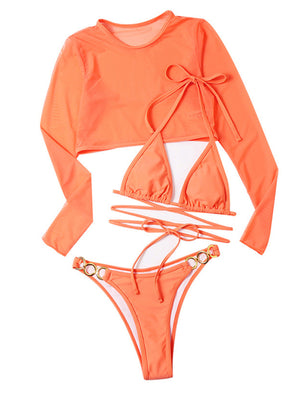 Womens Solid Color High Cut Waist Long Sleeve Cutout 3 Piece Bikini Set SIZE S-L