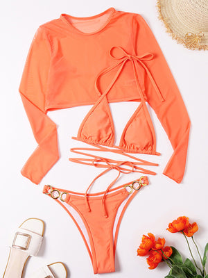 Womens Solid Color High Cut Waist Long Sleeve Cutout 3 Piece Bikini Set SIZE S-L