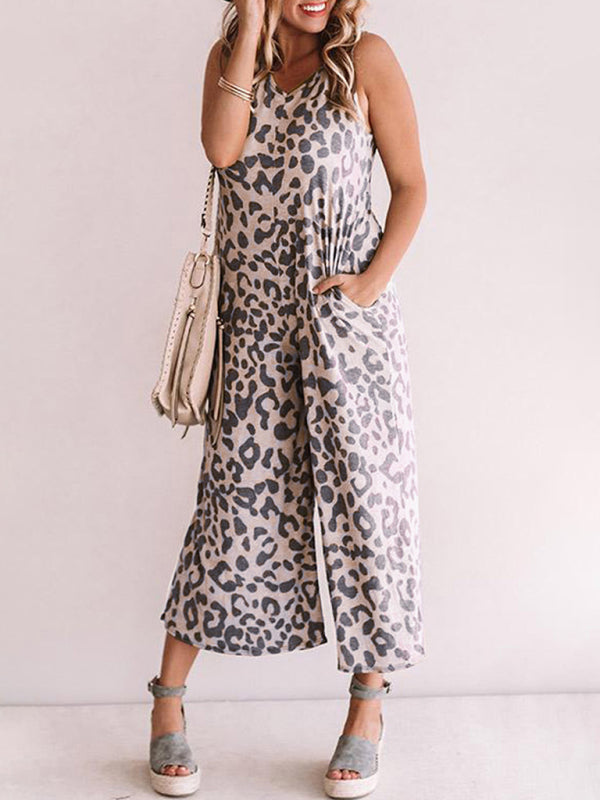 Womens Casual V Neck lLopard Print Sleeveless Jumpsuit SIZE S-XL