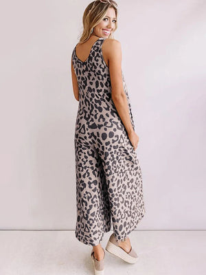 Womens Casual V Neck Leopard Print Sleeveless Jumpsuit SIZE S-XL