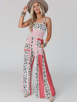 Womens Fashion Leopard Mixed Color Print Pocket Jumpsuit SIZE S-XL