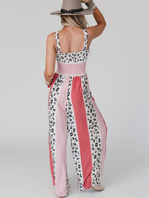 Womens Fashion Leopard Mixed Color Print Pocket Jumpsuit SIZE S-XL