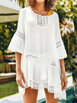 Womens Solid Color Lace Trim Cover-Up Dress ONE SIZE