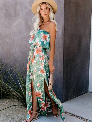 Womens New Tropical Rainforest Print One Shoulder Ruffled Slit Dress SIZE S-XL