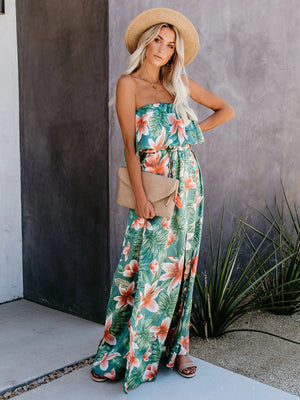 Womens New Tropical Rainforest Print One Shoulder Ruffled Slit Dress SIZE S-XL