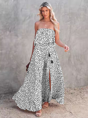 Womens Dot Print Strapless High Slit Maxi Dress SIZE S-XL