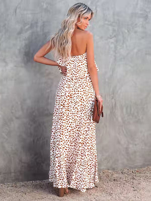 Womens Dot Print Strapless High Slit Maxi Dress SIZE S-XL