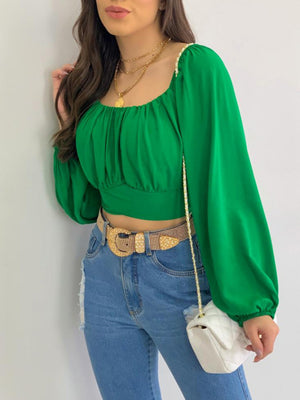 Womens Solid Color One Shoulder Balloon Sleeve Top SIZE S-2XL