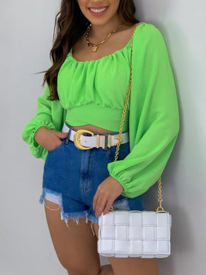 Womens Solid Color One Shoulder Balloon Sleeve Top SIZE S-2XL