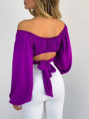 Womens Solid Color One Shoulder Balloon Sleeve Top SIZE S-2XL