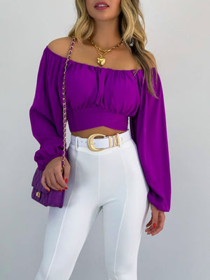 Womens Solid Color One Shoulder Balloon Sleeve Top SIZE S-2XL