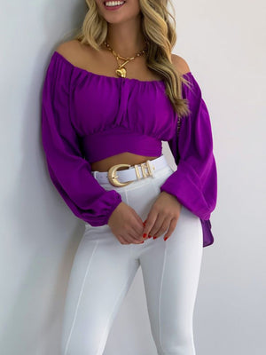 Womens Solid Color One Shoulder Balloon Sleeve Top SIZE S-2XL