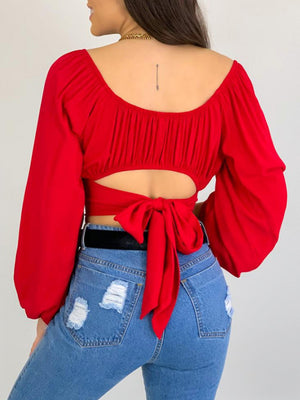 Womens Solid Color One Shoulder Balloon Sleeve Top SIZE S-2XL