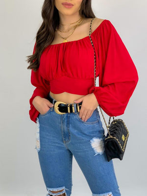 Womens Solid Color One Shoulder Balloon Sleeve Top SIZE S-2XL