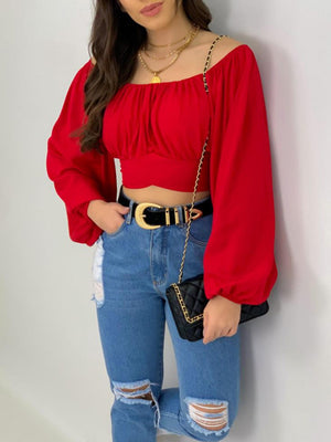 Womens Solid Color One Shoulder Balloon Sleeve Top SIZE S-2XL