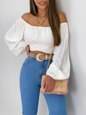 Womens Solid Color One Shoulder Balloon Sleeve Top SIZE S-2XL