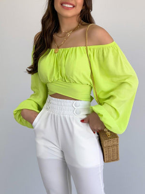 Womens Solid Color One Shoulder Balloon Sleeve Top SIZE S-2XL