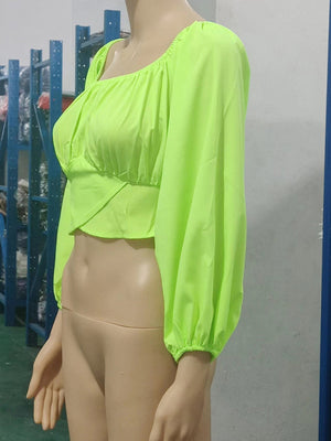 Womens Solid Color One Shoulder Balloon Sleeve Top SIZE S-2XL