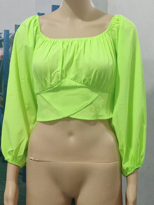 Womens Solid Color One Shoulder Balloon Sleeve Top SIZE S-2XL