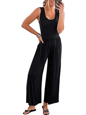 Womens Solid Color Loose Sleeveless Jumpsuit SIZE S-3XL