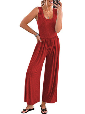 Womens Solid Color Loose Sleeveless Jumpsuit SIZE S-3XL