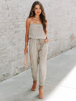 Womens Wrapped Chest Washed Distressed Lace Up Jumpsuit SIZE S-XL