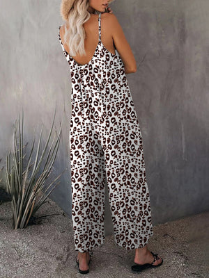 Womens Sleeveless Leopard Print Pocket Loose Suspender Jumpsuit SIZE S-3XL