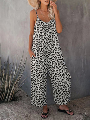 Womens Sleeveless Leopard Print Pocket Loose Suspender Jumpsuit SIZE S-3XL