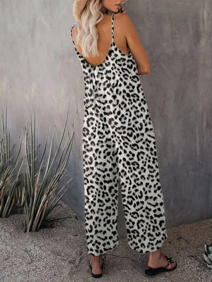 Womens Sleeveless Leopard Print Pocket Loose Suspender Jumpsuit SIZE S-3XL