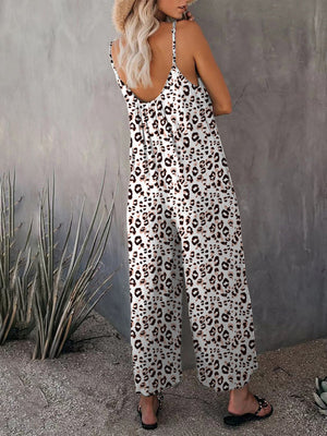 Womens Sleeveless Leopard Print Pocket Loose Suspender Jumpsuit SIZE S-3XL