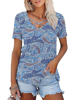 Womens Ethnic Style V Neck Short Sleeved Top SIZE S-2XL