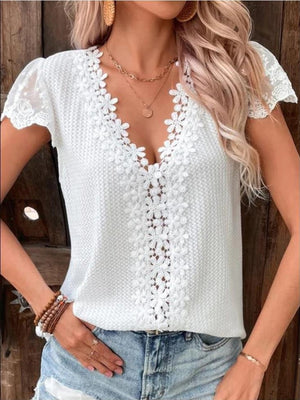 Womens Lace Solid Color V Neck Short Sleeve Blouse SIZE S-3XL