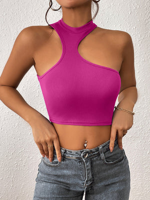 Womens Knitted Round Neck Asymmetrical Crop Top SIZE S-2XL