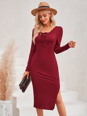 Womens Fashion Solid Color Collar Tie Knitted Dress SIZE S-XL