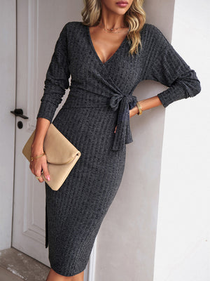 Womens Fashion V Neck Long Sleeve Knitted Tie Dress SIZE S-XL